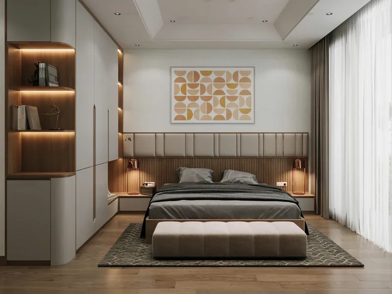 Bản vẽ 3D phòng ngủ với tủ áo và vách đầu giường